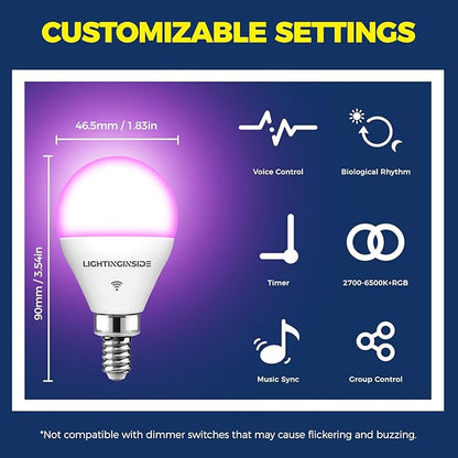 Lightinginside E12 Smart Light Bulbs 50W Equiv., G16.5 RGBCW Candelabra Chandelier Ceiling Fan Smart Bulb Works with Alexa/Google Home/SmartLife, 5W 550LM, 2.4G WiFi Bluetooth Bulb, ETL Listed, 4PCS