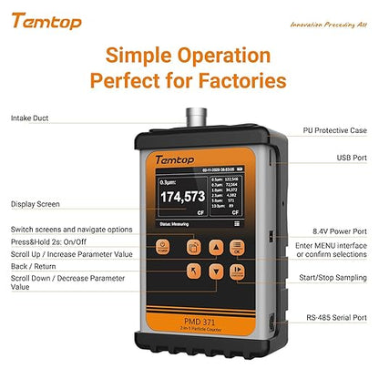 Temtop PMD371 Professional Particle Counter: Comprehensive Portable Particulate Sensor for Cleanrooms, Laboratories, and Environmental Monitoring