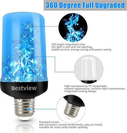 Bestview LED Flame Effect Light Bulbs,4 Modes Smart E26/E27 Base Flickering Fire Light Bulbs with for Halloween, Christmas, Party, Porch, Indoor&Outdoor Home Decoration Lighting (Blue 2 Pack)