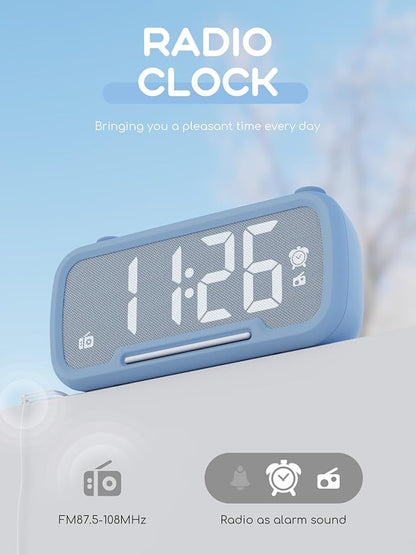 ROCAM Alarm Clock Radio for Bedrooms with Bluetooth Speaker, Auto-Off Timer, Dimmer, Battery Backup, Loud Alarm Clock for Heavy Sleepers with USB Ports Night