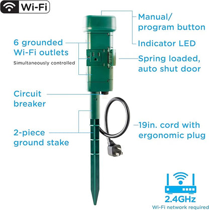 Enbrighten Vibe Wi‑Fi Matter Smart Plug Yard Stake, 2.4GHz, No Hub Required, Compatible with Alexa and Google Assistant, Six Grounded Plug‑in Outlets for Outdoor Use, 81200-S1
