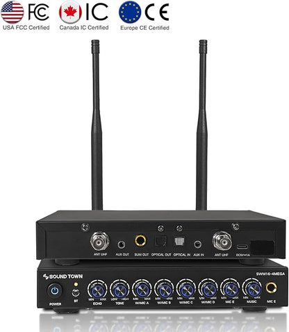 Sound Town 200 Channels Wireless Microphone Karaoke Mixer System, with 4 Metal Handheld Microphones, Optical (Toslink), AUX, for Smart TV, Home Theater, Sound Bar (SWM16-4MEGA)