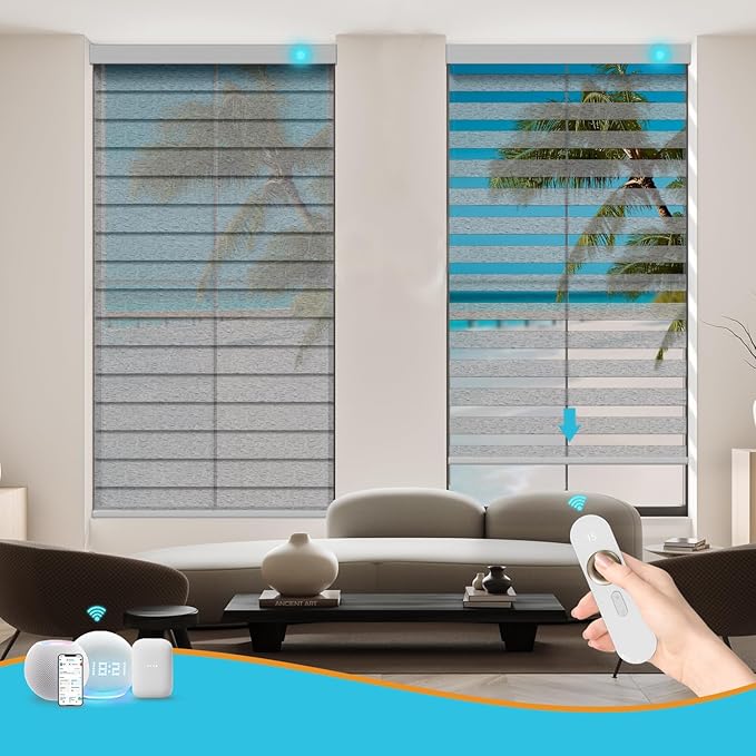 Motorized Zebra Blinds with Remote, Work with HomeKit Alexa, Smart Light Filtering Horizontal Automatic Electric Window Shades for Home Office Customsize(55% Blackout Treebark Black)