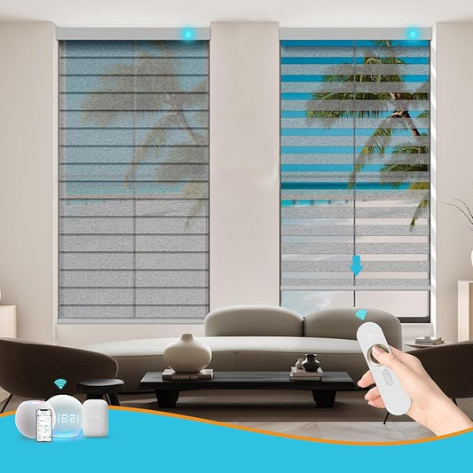 Motorized Zebra Blinds with Remote, Work with HomeKit Alexa, Smart Light Filtering Horizontal Automatic Electric Window Shades for Home Office Customsize(55% Blackout Treebark Black)