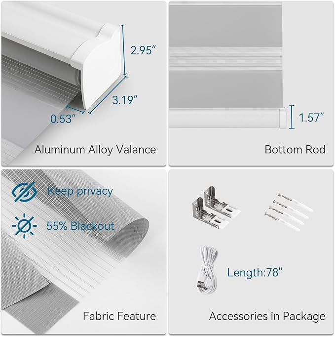 Interior Window Shades, Smart Dual Layer Light Filtering Blinds Compatible with Alexa & Google Home, Customized Size Cordless Electric Window Shades, (Smoky Gray, 55% Blackout)