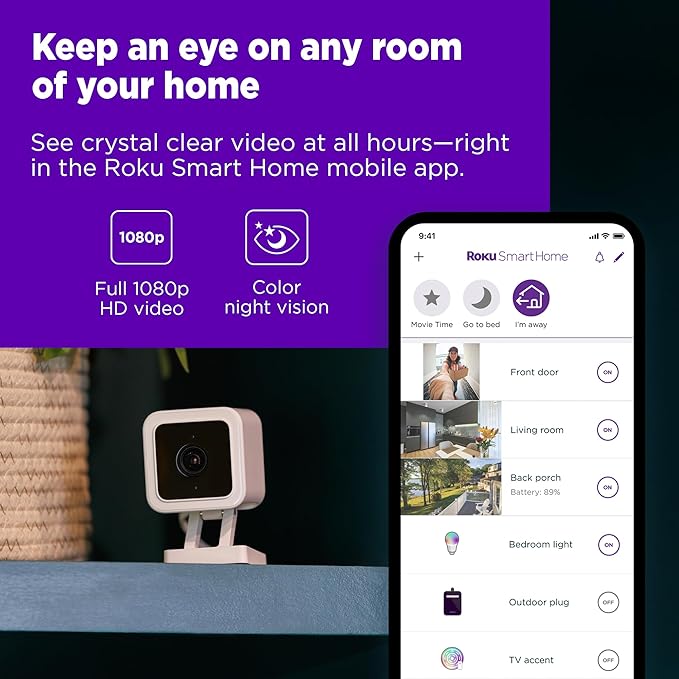 Roku Indoor Camera for Home Security, 1-Pack - Wired Security Camera with 1080p HD Color Night Vision, Works with Alexa & Google, Motion & Sound Detection, Built-in Siren, 90-Day Subscription Included