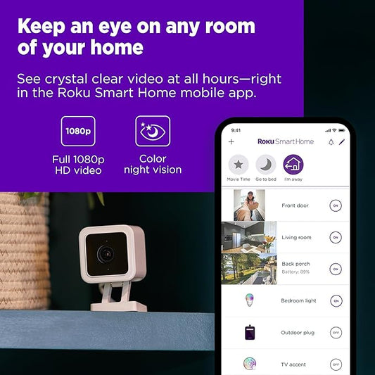 Roku Indoor Camera for Home Security, 1-Pack - Wired Security Camera with 1080p HD Color Night Vision, Works with Alexa & Google, Motion & Sound Detection, Built-in Siren, 90-Day Subscription Included
