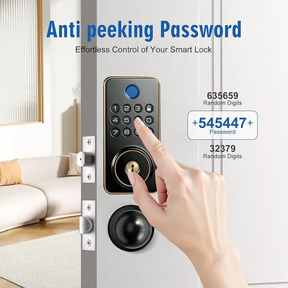 Fingerprint Door Lock with Handle Set,Electronic Keypad Deadbolt with 2 Knobs,APP,Auto Lock,100 User Codes,One Time Code,Voice Prompts,Anti-Peeking Password,Home, Apartment,Satin Nickel