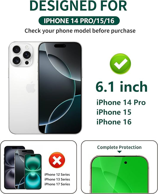 2 Pack for iPhone 14 Pro/15/16 Privacy Screen Protector Tempered Glass for 14 Pro/15/16 6.1 Inch Private Protective Film Anti-Blue Light Anti Spy No-Bubble Gradient Green [HD Clarity]
