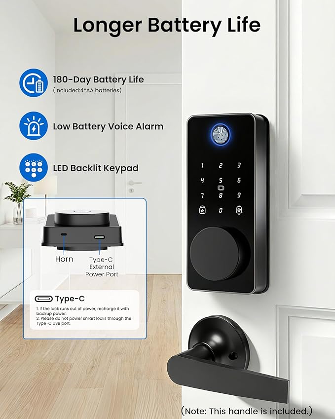 Smart Lock with 2 Lever Handle Set, Fingerprint Keyless Entry Door Lock Front Door App Control, Electronic Touchscreen Keypad Deadbolt, Auto Lock, IP54 Waterproof, Easy Install Built-in Doorbell