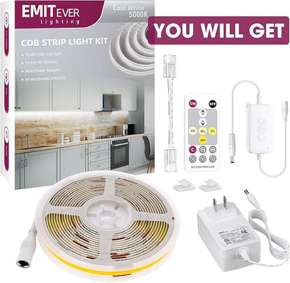EMITEVER LED Strip Light, Cool White 5000K 16.4ft,24V DC COB Dimmable Tape Lights with RF Controller,Premium High Density Power Adapter,1600LEDs Suitable for Bedroom,Kitchen Cabinets,Indoor Use