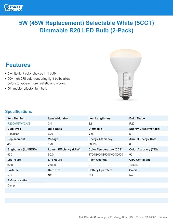 Feit Electric R20 LED Light Bulb, 45W Equivalent, Dimmable, Color Selectable 6-Way, 5CCT, E26 Medium Base, 90 CRI, 450 Lumens, Damp Rated Track or Spot Light, 22-Year Lifetime, R20DM/6WYCA/2, 2 Pack