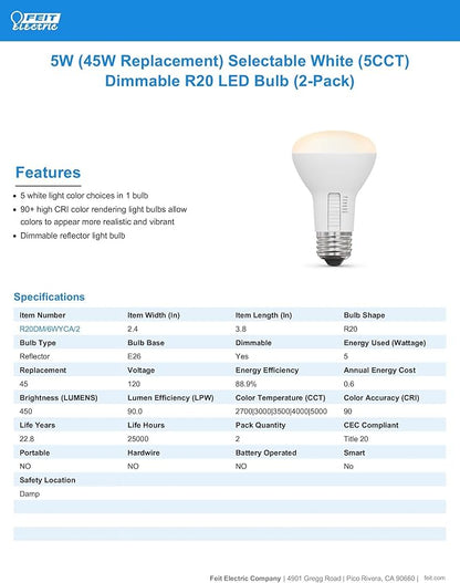Feit Electric R20 LED Light Bulb, 45W Equivalent, Dimmable, Color Selectable 6-Way, 5CCT, E26 Medium Base, 90 CRI, 450 Lumens, Damp Rated Track or Spot Light, 22-Year Lifetime, R20DM/6WYCA/2, 2 Pack