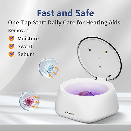 Hearing Aid Dryer & Dehumidifier,15 Mins World's Fastest,Removes Sweat & Moisture for Hearing Aids,Earbuds,Amplifiers,Smart Digital Display,Rechargeable Type C (White Cable)