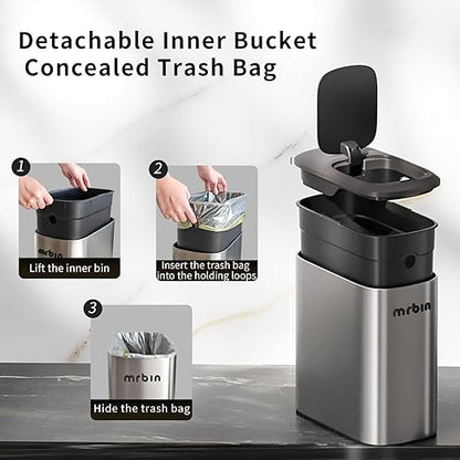 MRBIN Stainless Steel Motion Sensor Bathroom Trash Can, 10L / 2.6gal Slim Smart Toilet Waste Basket with Lid, Automatic Touchless Kitchen Bucket for Narrow Restroom, Vanity, Rv, Eclipse Grey