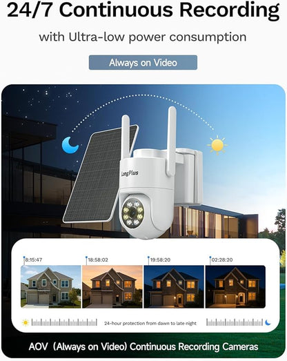 4G LTE Cellular Solar Security Cameras Wireless Outdoor, AOV 24/7 Recording, No WiFi Needed Security Camera, 2K Color Night Vision, 360° View, PIR Motion Detection, Pan Tilt, Built in SIM & SD Card