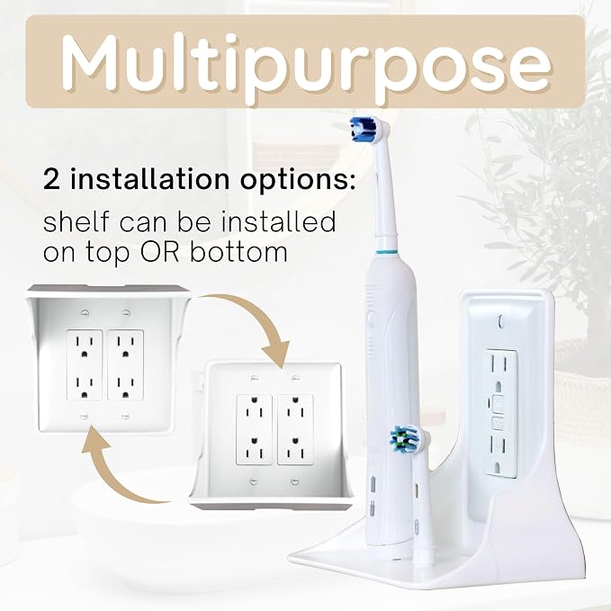 Power Perch Double Outlet Shelf, Renter Friendly Shelves, 1-Pack White | No Drill Alexa Stand Holder Outlet Mount for Bathroom, HomePod Stand, Cord Storage Strap, WiFi Router Wall Shelf, USA Made