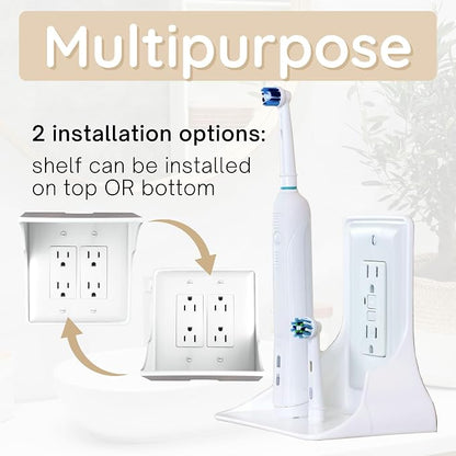 Power Perch Double Outlet Shelf, Renter Friendly Shelves, 1-Pack White | No Drill Alexa Stand Holder Outlet Mount for Bathroom, HomePod Stand, Cord Storage Strap, WiFi Router Wall Shelf, USA Made
