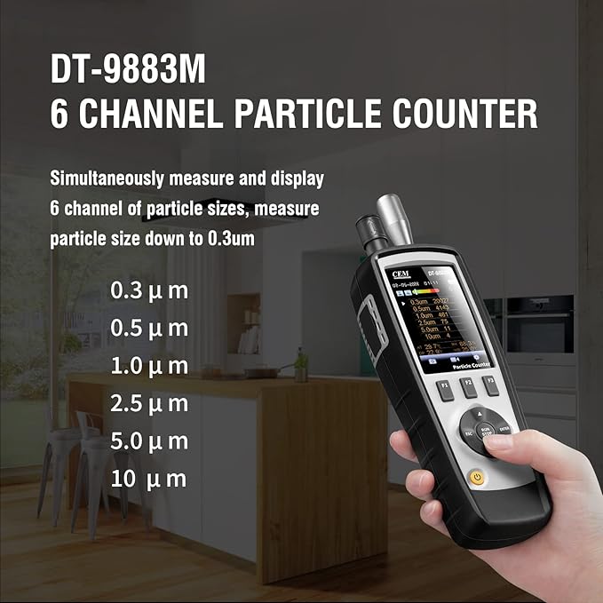 CEM T.ax Included DT-9883M cleanroom Particle Counter PM2.5/10 HCHO CO2 TVOC Air Particle (0.3,0.5,1.0,2.5,5.0,10μm Supports Photos and Camera