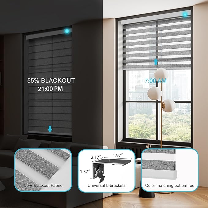 Motorized Zebra Blinds with Remote, Work with HomeKit Alexa, Smart Light Filtering Horizontal Automatic Electric Window Shades for Home Office Customsize(55% Blackout Treebark Black)