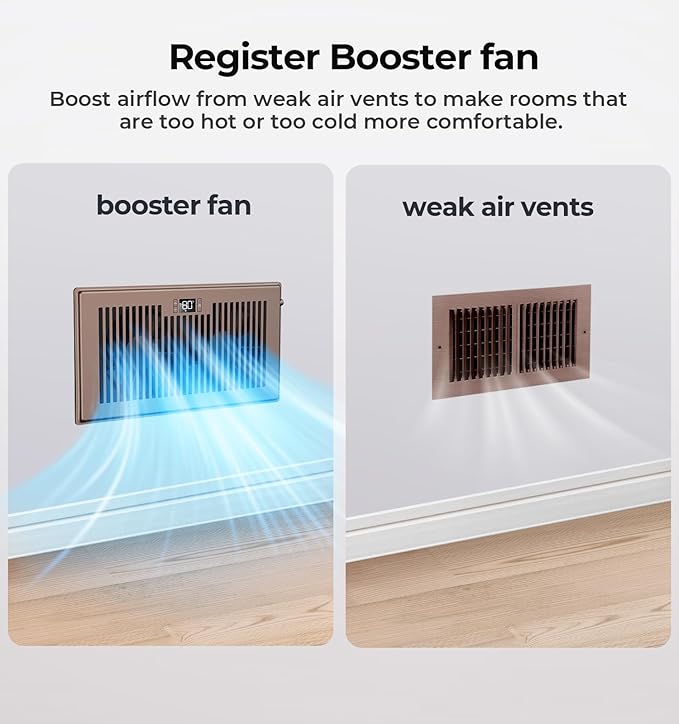 BIOWIND Quiet Register Booster Fan Fits 6" x 12" Register Holes, 10-Speed Smart Heating Cooling AC Vent Fan with Remote Control and Thermostat Control - Bronze