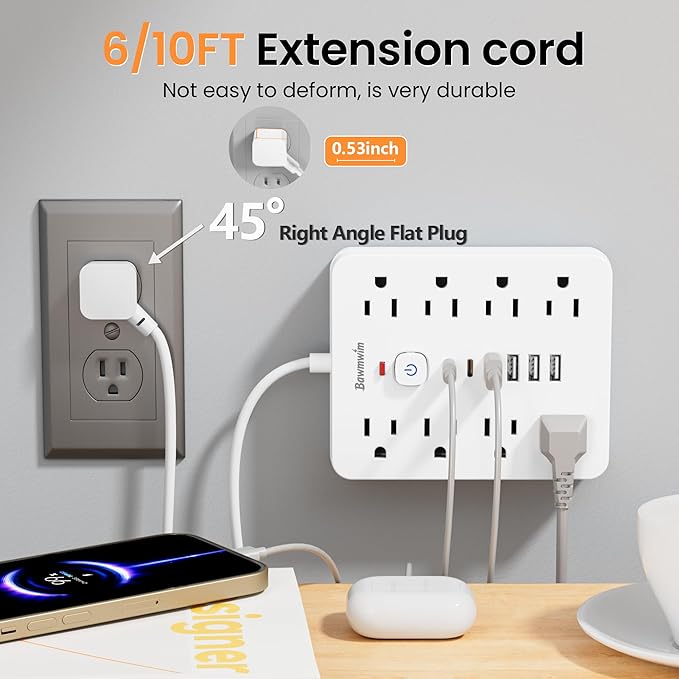 Surge Protector Power Strip - 8 Outlets(1850W/15A/14AWG) 4 USB A（2 USB C, 6FT Flat Plug Extension Cord, Wall Mount Multi Plug Outlet Extender, ETL Listed for Home, Dorm Room