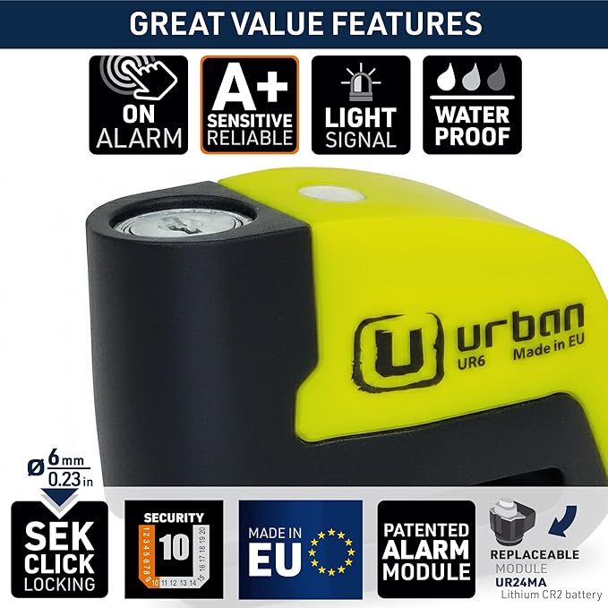 URBAN UR6 Hi-Tech Motorcycle Disc Lock with Smart Alarm | Best Value | 120dB, LED, Warning, A+ Sensitivity, Truly Waterproof, Long-Life CR2 Battery, Carried Locked, Bike Anti Theft Wheel Brake Locks