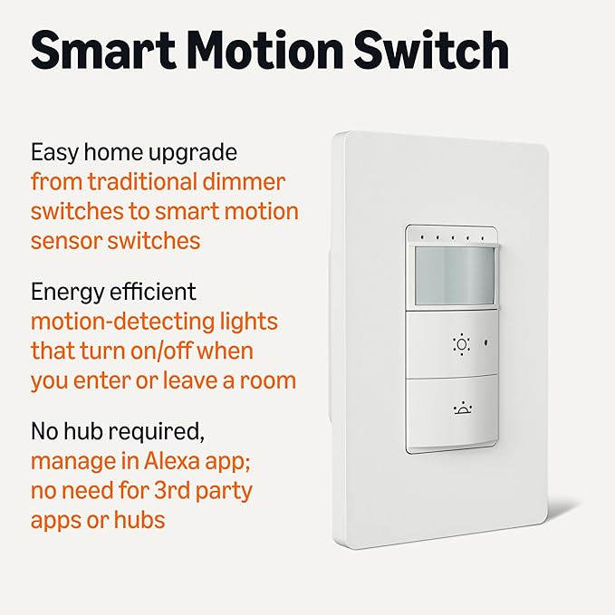 Amazon Basics Smart Motion Sensor Dimmer Switch, Single Pole, Works with Alexa Only, 2.4 GHz Wi-Fi, No Hub Required, Voice Control, Control from Anywhere, 1-Pack, White