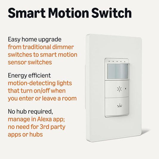 Amazon Basics Smart Motion Sensor Dimmer Switch, Single Pole, Works with Alexa Only, 2.4 GHz Wi-Fi, No Hub Required, Voice Control, 2-Pack, White