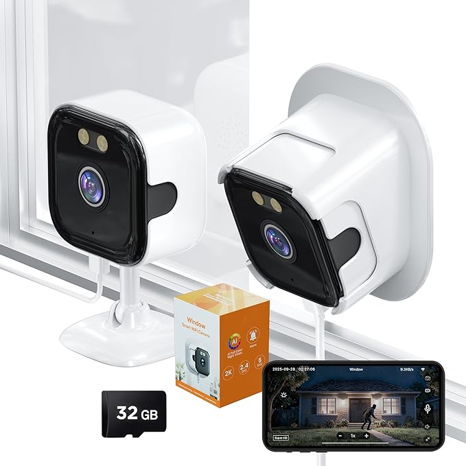 2K Window Camera with 32GB SD Card, AI Night Vision 5G/2.4G WiFi Window Camera for Home Security, AI Window Anti-Glare & Motion Detection & APP 20+ Siren, Two-Way Audio Talk - 1 Pack