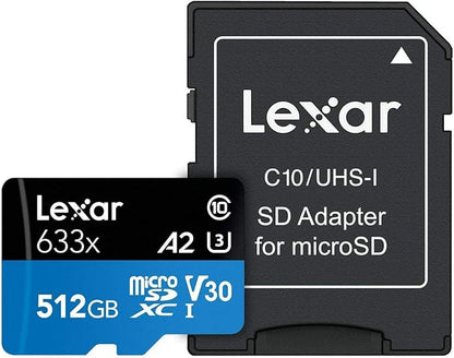 Lexar High-Performance 633x 512GB microSDXC UHS-I Card w/ SD Adapter, C10, U3, V30, A2, Full-HD & 4K Video, Up To 100MB/s Read, for Smartphones, Tablets, and Action Cameras (LSDMI512BBNL633A)