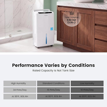 Waykar 34 Pints 2025 Most Efficient Energy Star Dehumidifier for Home & Basement, Ideal for Spaces up to 2,000 Sq. Ft. with Auto or Manual Drainage, 0.62-Gallon Water Tank