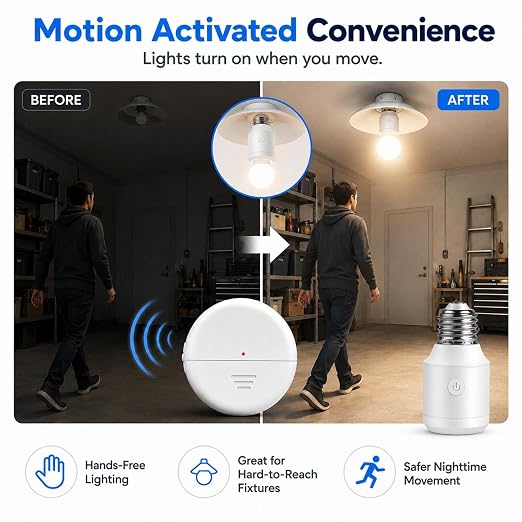 NineLeaf Wireless Motion Sensor Light Bulb Set,260FT,3Sensors 2Bulb Bases | E26/E27, No Wiring, Automatic Motion Activated Light Adapter for Garage, Basement, Closet, Stairway, Hallway,Pull String
