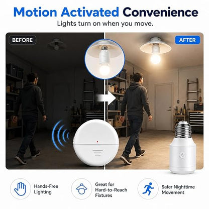 NineLeaf Wireless Motion Sensor Light Bulb Set,260FT,3Sensors 2Bulb Bases | E26/E27, No Wiring, Automatic Motion Activated Light Adapter for Garage, Basement, Closet, Stairway, Hallway,Pull String