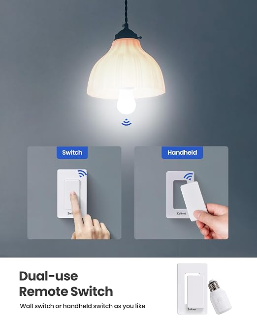 Zoiinet 500W Remote Control Light Bulb Socket, Wireless Light Switch for Pull Chain Lighting Fixture, E26 E27 Bulbs Base Holder, Programmable, No Wiring Needed, for Bedroom, Stair, Closet & Garage | 300ft, for Pull Chain Light Fixture, E26 E27 Bulbs Ba...