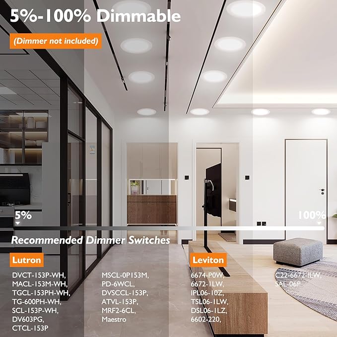 BesLowe 6 Packs 8 Inch 5CCT LED Recessed Ceiling Lights Ultra-Thin with Junction Box, 18W 225W Eqv, 3000K/3500K/4000K/5000K/6500K, 1800LM Dimmable Canless Downlights for Kitchen Hallway Dining Room