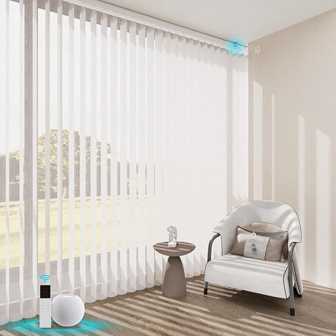 Motorized Sheer Vertical Blinds Work with Alex Google Home, Light Filtering Smart Vertical Blind Sliding Door Blinds Remote Control Blinds for Sliding Glass Door Customize(Embossed Off-white)