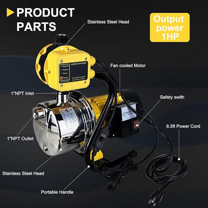 TDRSUPER 1 HP Shallow Well Jet Pump with Automatic Pump Control, Smart Pressure Switch System, Stainless Steel Water Pump for Home Garden Irrigation