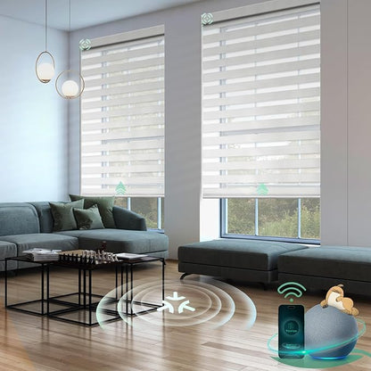 Yoolax Motorized Matter Zebra Blinds Compatible with Alexa, Google Home, Apple HomeKit, Room Darkening Smart Blinds, Privacy Light Control Horizontal Window Blind for Home (90% Shading Narrow White)