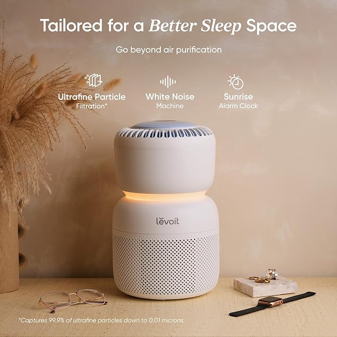 LEVOIT Air Purifier for Home Bedroom with HEPA Filter, White Noise Sound Machine and Blue Light-Safe Night Light Support Better Sleep, AHAM VERIFIDE, 5 Air Quality Monitor, Smart WiFi, Sprout | HEPA Filter, White Noise Sound Machine, Blue Light-Safe Ni...