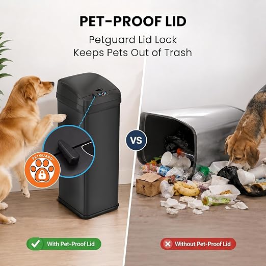 iTouchless 13 Gallon Sensor Trash Can with Lid, Pet Lock & Odor Filter, Patented 50L Automatic Motion Sensor Kitchen Garbage Can Luxury Fingerprint-Proof Stainless Steel Rectangular Wastebasket, Black