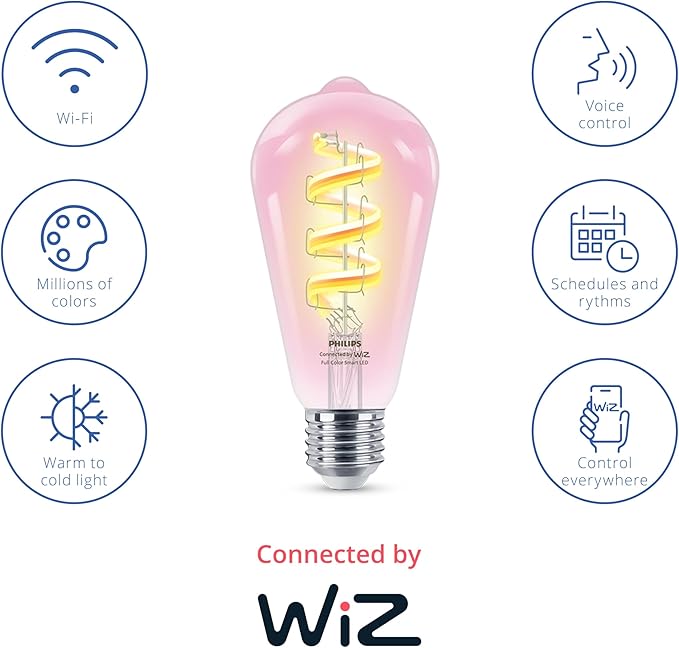 Philips Smart Color ST19 Color Filament LED Smart Bulb 4-Pack -300 Lumen - E26 Indoor - Connects to Your Existing Wi-Fi - Control with Voice or App + Activate with Motion - Matter Compatible