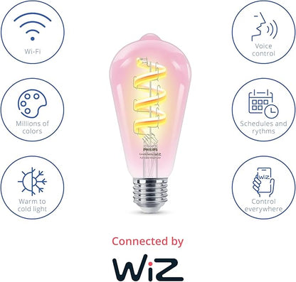 Philips Smart Color ST19 Color Filament LED Smart Bulb 4-Pack -300 Lumen - E26 Indoor - Connects to Your Existing Wi-Fi - Control with Voice or App + Activate with Motion - Matter Compatible