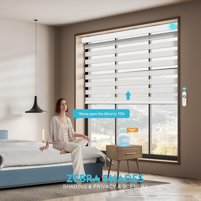 Motorized Zebra Blinds with Remote, Work with HomeKit Alexa, Smart Light Filtering Horizontal Automatic Electric Window Shades for Home Office Customsize(80% Blackout Oceanwave White)