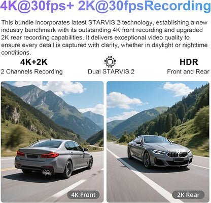 4K Front & 2K Rear 2 Channel HDR Dash Cam, Dual STARVIS 2 IMX678 IMX675, Custom Fit for Toyota Tacoma & Hybrid 2024-2026(Model B), SR SR5 TRD Sport Pro Pre-Runner Off Road, 5GHz WiFi, GPS,128GB Card