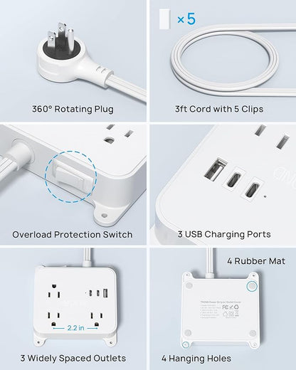TROND 360 Rotating Plug Flat Power Strip, 3FT Short Extension Cord with 2 USB C Charger, 3 AC Widely Spaced Outlets with On Off Switch, Screw-on Wall Mountable, Use Behind Couches, Nightstands, Desks