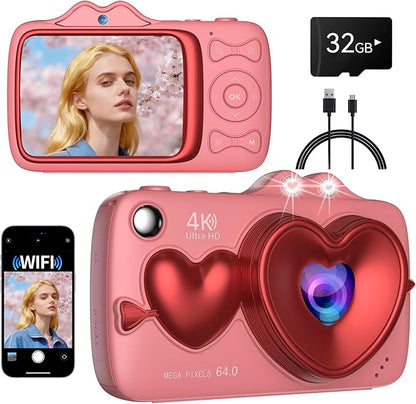 Digital Camera,4K 64MP Autofocus Vlogging Camera with Dual Lens,18X Zoom/WiFi/32GB Card/,Point and Shoot Cameras for Boys Girls Gifts (XJ700-Pink)