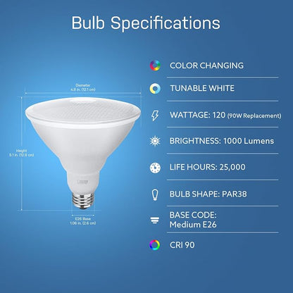 Feit Electric PAR38/RGBW/CA/AG 90 Watt Equiv, 2.4 GHz WiFi Only, No Hub Required, Color Changing and Tunable White (Pack of 4)