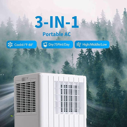 3 in-1 Portable Air Conditioner - 8,000 BTUs, Smart Remote Control, LED Display, Dehumidifier & Fan Modes, Ideal for Rooms up to 350 sq.ft