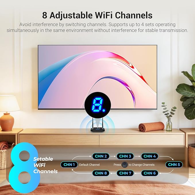 Wireless HDMI Transmitter and Receiver 4K Decoding 1080P 60HZ, 656 FT, HDMI Loop-Out, IR Extend, Dual Cooling Systems, 8 Channels, 1 TX to 3 RXS, Streaming from STB,PC,CCTV to TV,Projector,Monitor